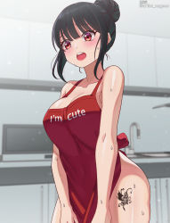 Rule 34 | 1girl, absurdres, apron, bare arms, bare shoulders, black hair, blunt bangs, blush, breasts, cleavage, clothes writing, collarbone, commentary, covering privates, covering crotch, cowboy shot, embarrassed, english text, hair bun, hair up, highres, indoors, kim nag-seo, kitchen, large breasts, leg tattoo, looking at viewer, naked apron, nose blush, open mouth, original, panties, red apron, red eyes, revision, short hair, sidelocks, single hair bun, solo, sweat, tattoo, teeth, thighs, twitter username, underwear, upper teeth only