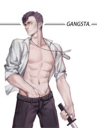 Rule 34 | 10s, 1boy, abs, black hair, copyright name, cowboy shot, danial, dog tags, gangsta, hand in pants, holding, holding sword, holding weapon, male focus, muscular, nicolas brown, open clothes, open shirt, shirt, topless male, sleeves rolled up, solo, sword, weapon