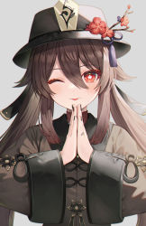Rule 34 | 1girl, ;p, abandon ranka, black hair, black hat, black nails, blush, brown jacket, closed mouth, commentary request, flower-shaped pupils, genshin impact, grey background, hair between eyes, hat, highres, hu tao (genshin impact), jacket, jewelry, long hair, long sleeves, nail polish, one eye closed, palms together, red eyes, ring, simple background, smile, solo, symbol-shaped pupils, tongue, tongue out, twintails, upper body, very long hair, wide sleeves