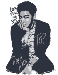 Rule 34 | 1boy, bigbang, blazer, bracelet, character name, hand on own face, head rest, jacket, jewelry, k-pop, male focus, monochrome, shirt, simple background, sitting, sketch, smile, solo, striped clothes, striped shirt, t.o.p (bigbang), watch, white background, wristwatch