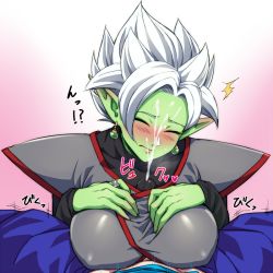 Rule 34 | 1boy, 1girl, black shirt, blue pants, blush, breasts, bulge, closed mouth, colored skin, cum, cum in clothes, cum through clothes, dragon ball, dragon ball super, earrings, ejaculation, ejaculation under clothes, erection, erection under clothes, closed eyes, facing viewer, fused zamasu, genderswap, genderswap (mtf), green skin, grey eyes, hetero, jewelry, long pointy ears, long sleeves, nose blush, paizuri, paizuri under clothes, pants, penis, penis under another&#039;s clothes, pointy ears, potara earrings, pov, ring, shirt, solo focus, spiked hair, sweat, teba motoko, translation request, vegetto, white hair
