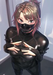 Rule 34 | 1girl, blush, bodysuit, from above, hand on own chest, highres, kilye kairi, latex, latex bodysuit, looking at viewer, looking up, multicolored hair, original, ponytail, skin tight, smile, solo, tsurime, two-tone hair
