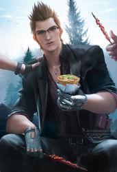 Rule 34 | 10s, artist name, blue eyes, brown hair, final fantasy, final fantasy xv, fingerless gloves, food, glasses, gloves, ignis scientia, looking at viewer, male focus, open mouth, sakimichan, short hair, sitting, solo, watermark, web address