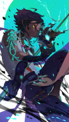 Rule 34 | 1boy, absurdres, arm tattoo, bead necklace, beads, black hair, clenched teeth, crack, cracked mask, cuts, facial mark, forehead mark, genshin impact, gloves, green hair, highres, holding, holding mask, holding polearm, holding weapon, injury, jewelry, male focus, mask, necklace, polearm, simple background, solo, tattoo, teeth, vision (genshin impact), weapon, xiao (genshin impact), yagita (astronomie), yellow eyes