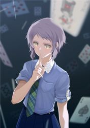 Rule 34 | 1girl, ace (playing card), ace of spades, blue shirt, blue skirt, breast pocket, buttons, card, checkered necktie, commentary request, dark background, fed (giba), finger to mouth, hand up, highres, idolmaster, idolmaster million live!, index finger raised, joker (playing card), looking at viewer, makabe mizuki, necktie, playing card, pleated skirt, pocket, purple hair, serious, shirt, short hair, short sleeves, shushing, sidelocks, skirt, solo, spade (shape), upper body, wing collar, yellow eyes