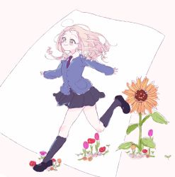 Rule 34 | 10s, 1girl, bc freedom school uniform, black footwear, black necktie, black skirt, black socks, blonde hair, blue sweater, cardigan, closed mouth, commentary request, dress shirt, drill hair, field, flower, flower field, flower request, girls und panzer, green eyes, kneehighs, long hair, long sleeves, marie (girls und panzer), mary janes, miniskirt, necktie, outstretched arms, pleated skirt, running, school uniform, shirt, shoes, sketch, skirt, smile, socks, solo, spread arms, sunflower, sweater, tsumin, white background, white shirt, wing collar