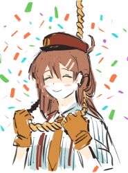 1girl ahoge brown_hair confetti gloves hands_up hat hod_(project_moon) imminent_suicide lobotomy_corporation long_hair mesmerizer_(vocaloid) molybdaenu63133 necktie noose project_moon red_hat solo upper_body very_long_hair yellow_gloves yellow_necktie