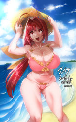 Rule 34 | 1girl, :d, ahoge, bare shoulders, beach, bikini, birthday, breasts, cameltoe, cevoy, cleavage, commentary request, curvy, english text, frills, hair intakes, hair ribbon, hands on headwear, hat, highres, holding, holding clothes, huge ahoge, huge breasts, kagami sumika, long hair, muv-luv, ocean, open mouth, pink bikini, red eyes, red hair, ribbon, sand, shore, smile, standing, straw hat, sun hat, swimsuit, thighs, water, waves