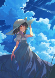 Rule 34 | 1girl, arm up, black hair, blue sky, blush, bow, cloud, cloudy sky, commentary request, day, dress, frilled dress, frills, grey dress, hair between eyes, hand on headwear, hat, hat bow, highres, idolmaster, idolmaster shiny colors, long hair, looking at viewer, looking to the side, morino rinze, multicolored hair, outdoors, parted lips, pink hair, red eyes, see-through, see-through sleeves, short sleeves, sky, solo, sorano eika, sun hat, two-tone hair, white bow, white hat, wind chime