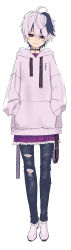 Rule 34 | 1girl, absurdres, belt, commentary, denim, drawstring, flower (vocaloid), full body, fur-trimmed skirt, fur trim, half-closed eyes, hands in pockets, highres, hood, hoodie, jeans, looking at viewer, miniskirt, multicolored hair, pants, pendant choker, pink hoodie, purple eyes, purple hair, purple skirt, rsk (tbhono), shoes, short hair, simple background, skirt, smile, sneakers, solo, standing, streaked hair, torn clothes, torn jeans, torn pants, flower (vocaloid4), vocaloid, white background, white hair