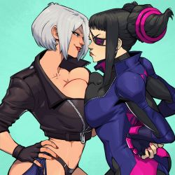 Rule 34 | 2girls, absurdres, angel (kof), biker clothes, bikesuit, blue eyes, bodysuit, bra, breast press, breasts, chaps, cleavage, cropped jacket, crossover, danusko, drill hair, eyepatch, fingerless gloves, from side, gloves, green background, hair over one eye, han juri, hand on own hip, highres, jacket, large breasts, leather, leather jacket, mexico, multiple girls, simple background, smile, snk, strapless, strapless bra, street fighter, street fighter iv (series), street fighter v, symmetrical docking, the king of fighters, the king of fighters 2001, the king of fighters xiv, twin drills, twintails, underwear, white hair