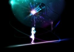 Rule 34 | 10s, 1girl, crystal, female focus, gradient background, holding, hoshi wo ou kodomo, jewelry, lens flare, magic, necklace, outdoors, pendant, shirt, short hair, silhouette, skirt, sky, solo, sparkle, standing, star (sky), starry sky, syanisu, watase asuna
