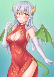 Rule 34 | anti (untea9), blush, breasts, brown eyes, china dress, chinese clothes, cleavage cutout, clothing cutout, cowboy shot, dragon girl, dragon horns, dragon tail, dragon wings, dress, elbow gloves, gloves, green background, highres, horns, kantai collection, long hair, looking at viewer, red dress, scales, shoukaku (kancolle), smile, tail, white hair, wings