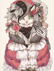Rule 34 | animal, animal focus, black bow, black bowtie, black hat, bow, bowtie, clothed animal, ear flower, feather boa, flower, flower on head, frilled shirt, frilled sleeves, frills, green eyes, hat, hat bow, highres, lace, lace-trimmed shirt, lace-trimmed skirt, lace trim, layered skirt, long sleeves, looking at viewer, no humans, original, pink flower, pink rose, puffy sleeves, red skirt, rose, shirt, simple background, skirt, solo, striped bow, tonbippo08, whiskers, white background, white shirt