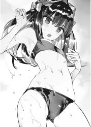 Rule 34 | 1girl, assassins pride, bikini, bow, breasts, cowboy shot, floating hair, from below, greyscale, hair between eyes, hair bow, highres, long hair, monochrome, mule la mall, navel, ninomoto, novel illustration, official art, open mouth, small breasts, solo, standing, sweatdrop, swimsuit