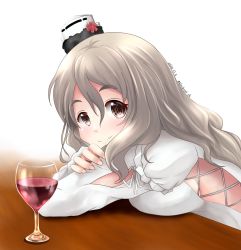 Rule 34 | 1girl, alcohol, brown eyes, commentary request, counter, cup, drinking glass, eighth note, grey hair, hat, highres, kantai collection, kuroneko86, looking at viewer, mini hat, musical note, one-hour drawing challenge, pola (kancolle), shirt, simple background, smile, solo, spoken musical note, tilted headwear, wavy hair, white background, white shirt, wine, wine glass