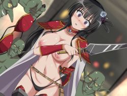 Rule 34 | 1girl, 3boys, armor, assisted exposure, bang dream!, bikini armor, black hair, black panties, blush, bra, breasts, cape, clothes theft, cowboy shot, feathers, flower, flower on head, goblin, hair ornament, imminent rape, jewelry, karakuri musha, large breasts, long hair, monster, multiple boys, navel, necklace, nipples, panties, pointy ears, purple eyes, red bra, shiny skin, shirokane rinko, stomach, surprised, surrounded, sword, theft, thighhighs, underwear, weapon, white cape, wrist guards