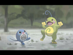 Rule 34 | :d, black eyes, blurry, blurry background, bright pupils, brown eyes, commentary request, creatures (company), day, depth of field, game freak, gen 1 pokemon, gen 2 pokemon, happy, highres, leg up, nintendo, open mouth, outdoors, pokemon, pokemon (creature), politoed, poliwag, rain, smile, standing, standing on one leg, tongue, tree, white pupils, yj0i0