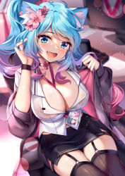 Rule 34 | 1girl, :d, absurdres, animal ear fluff, animal ears, black choker, black skirt, blue eyes, blue hair, blurry, blush, bra visible through clothes, breasts, cat ears, choker, cleavage, commentary, depth of field, english commentary, fangs, flower, garter straps, gradient hair, grey thighhighs, hair flower, hair ornament, hand in own hair, hands up, head tilt, highres, large breasts, long sleeves, looking at viewer, miniskirt, multicolored hair, nail polish, open mouth, pink flower, purple hair, shirt, silvervale, skirt, smile, solo, squchan, thighhighs, thighs, virtual youtuber, vshojo, watermark, web address, white shirt, wristband