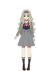 Rule 34 | 10s, 1girl, arms at sides, blue eyes, darling in the franxx, dress, full body, grey hair, hairband, kokoro (darling in the franxx), mary janes, official art, school uniform, shoes, simple background, smile, solo, standing, tareme, transparent background
