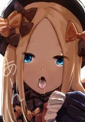 Rule 34 | 1girl, abigail williams (fate), artist name, black bow, black dress, black hat, blonde hair, blue eyes, bow, cum, cum in mouth, dress, fate/grand order, fate (series), forehead, hair bow, hair ribbon, hair ribbons, hat, head tilt, long hair, long sleeves, nekoya (liu), open mouth, orange bow, parted bangs, polka dot, polka dot bow, ribbon, simple background, sleeves past fingers, sleeves past wrists, solo, third-party edit, tongue, tongue out, translated, white background