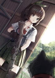 Rule 34 | 1girl, absurdres, animal, black cat, black gloves, black hair, black thighhighs, blurry, blurry background, blurry foreground, bow, camouflage, camouflage skirt, cat, collarbone, collared shirt, commentary request, depth of field, ear protection, gloves, green ribbon, green skirt, grey eyes, gun, hair ribbon, highres, holding, holding gun, holding weapon, original, parted lips, pleated skirt, ponytail, red bow, ribbon, school uniform, shirt, short sleeves, skirt, solo, sweat, thighhighs, uni sirasu, weapon, weapon request, white shirt