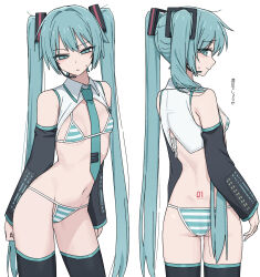 Rule 34 | 1girl, aqua eyes, aqua hair, aqua necktie, ass, bad id, bad twitter id, bikini, black sleeves, black thighhighs, breasts, channel ( caststation), closed mouth, detached sleeves, from behind, hatsune miku, headset, highres, long hair, looking at viewer, multiple views, navel, necktie, shirt, simple background, small breasts, striped bikini, striped clothes, swimsuit, tattoo, thighhighs, twintails, vocaloid, white background, white shirt