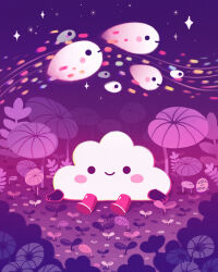 Rule 34 | animate object, blush, cloud, ellievsbear, flying, ghost, ghost tail, grass, highres, night, on grass, original, petals, red footwear, sitting, sky, smile, star (sky), starry sky