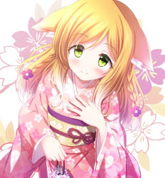 Rule 34 | 1girl, animal ear fluff, animal ears, blonde hair, blush, braid, commentary request, flat chest, floral background, floral print, green eyes, hand on own chest, holding, japanese clothes, kimono, long hair, long sleeves, looking at viewer, obi, original, paid reward available, red ribbon, ribbon, sash, sidelocks, smile, solo, sui. (ayase), wide sleeves