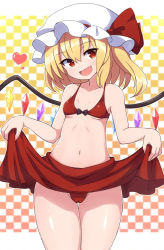 Rule 34 | 1girl, bare arms, bare shoulders, bikini, blonde hair, breasts, cameltoe, checkered background, cleft of venus, clothes lift, cowboy shot, fang, flandre scarlet, front-tie bikini top, front-tie top, hat, heart, lifted by self, long hair, looking at viewer, mob cap, navel, one side up, open mouth, red bikini, red eyes, red skirt, rizento, skirt, skirt lift, small breasts, smile, solo, swimsuit, thigh gap, touhou, white hat, wings