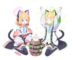Rule 34 | 2girls, animal ear headphones, animal ears, arms up, barrel, black shorts, black skirt, blonde hair, blood, blood from mouth, blue archive, blue necktie, bow, bright pupils, cat ear headphones, cat tail, closed eyes, collared shirt, cro0703, fake animal ears, frilled jacket, frills, green bow, hair bow, halo, headphones, highres, hood, hooded jacket, jacket, lace, lace-trimmed skirt, lace trim, long sleeves, midori (blue archive), momoi (blue archive), multicolored clothes, multicolored jacket, multiple girls, necktie, open mouth, parted bangs, peroro (blue archive), pink eyes, pleated skirt, pop-up pirate, red bow, shirt, shirt tucked in, shorts, siblings, simple background, sisters, sitting, skirt, suspenders, tail, thighhighs, toy, toy sword, twins, wariza, white background, white pupils, white shirt, wide sleeves