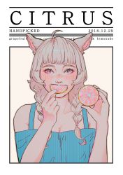 Rule 34 | 1girl, animal ears, blunt bangs, blush, braid, breasts, cat ears, cleavage, collar, dated, english text, final fantasy, final fantasy xiv, freckles, grapefruit, grapefruit slice, icebear kvitebjoern, light brown hair, looking at viewer, miqo&#039;te, multicolored eyes, off shoulder, outside border, solo, striped, twin braids, upper body, vertical stripes