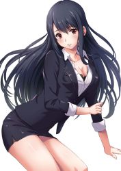 Rule 34 | 10s, 1girl, alternate costume, black hair, black jacket, black skirt, blouse, breasts, cleavage, collarbone, commentary request, eyebrows, fusou (kancolle), hand on own arm, jacket, kantai collection, long hair, looking at viewer, medium breasts, office lady, red eyes, sakiyamama, shirt, simple background, skirt, solo, white background, white shirt