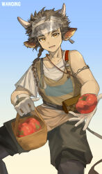 1boy absurdres animal_ears arknights bare_shoulders basket birchboat black_hair blue_background character_name chinese_commentary commentary food gloves gradient_background highres holding holding_basket holding_food horns looking_at_viewer male_focus open_mouth short_hair_with_long_locks sketch smile solo standing sweatdrop tomato wan_qing_(arknights) white_gloves white_horns yellow_background yellow_eyes