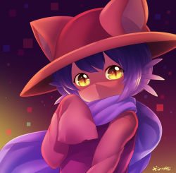Rule 34 | 1other, :&lt;, androgynous, animal ears, bad id, bad pixiv id, born-to-die, furry, hat, highres, looking at viewer, niko (oneshot), oneshot (game), other focus, purple hair, sleeves past wrists, slit pupils, solo, yellow eyes