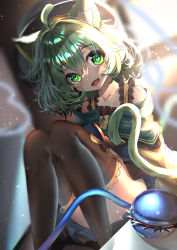 Rule 34 | 1girl, absurdres, animal ear fluff, animal ears, backlighting, black thighhighs, blouse, blurry, blurry background, breasts, cat ears, cat tail, collarbone, dfra, fang, feet out of frame, green eyes, green hair, green tail, hair between eyes, head tilt, heart, heart-shaped pupils, highres, kemonomimi mode, komeiji koishi, looking at viewer, medium hair, off shoulder, open mouth, shirt, skin fang, skirt, small breasts, solo, symbol-shaped pupils, tail, thighhighs, third eye, touhou, yellow shirt