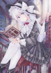 Rule 34 | 1girl, black dress, black nails, black wings, blue eyes, blush, book, boots, closed mouth, colored pencil (medium), darkkanan, dress, earrings, eyes visible through hair, feathered wings, frown, gothic lolita, graphite (medium), hat, highres, indoors, jewelry, lolita fashion, long hair, long sleeves, looking at viewer, nail polish, original, pinafore dress, reading, ring, sidelocks, sitting, sleeveless dress, solo, traditional media, white hair, wings, witch, witch hat