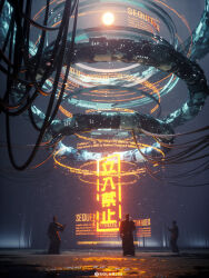 Rule 34 | 3others, architecture, cable, cyberpunk, highres, hologram, multiple others, night, original, scenery, science fiction, signature, solarliu