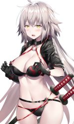 Rule 34 | 1girl, ahoge, bikini, black bikini, black jacket, blush, breasts, choker, cleavage, collarbone, cropped jacket, fate/grand order, fate (series), hair between eyes, highres, hip focus, jacket, jeanne d&#039;arc alter (swimsuit berserker) (fate), jeanne d&#039;arc (fate), jeanne d&#039;arc alter (fate), jeanne d&#039;arc alter (swimsuit berserker) (fate), katana, large breasts, long hair, looking at viewer, navel, o-ring, open mouth, rin yuu, shrug (clothing), simple background, solo, strap pull, swimsuit, sword, thighs, very long hair, weapon, white background, yellow eyes