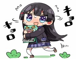 Rule 34 | 1girl, :d, black hair, black jacket, blazer, blue eyes, blue skirt, blush, book, braid, brown footwear, chibi, flying sweatdrops, hair between eyes, hair ornament, hairclip, hugging object, jacket, kanikama, loafers, long hair, long sleeves, looking at viewer, lowres, motion lines, nijisanji, nose blush, open mouth, plaid, plaid skirt, pleated skirt, school uniform, shoes, skirt, smile, solo, sparkling eyes, standing, standing on one leg, sweat, thighhighs, tsukino mito, tsukino mito (1st costume), v-shaped eyebrows, very long hair, virtual youtuber, white background, white thighhighs