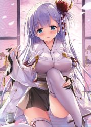Rule 34 | 1girl, absurdres, ass, azur lane, black gloves, blue eyes, blunt bangs, blush, breasts, cameltoe, collarbone, cup, day, flower, flute, gloves, hair flower, hair ornament, hand on own face, highres, holding, holding clothes, indoors, instrument, japanese clothes, kimono, knee up, large breasts, leg hold, long hair, looking at viewer, mole, mole under eye, open mouth, panties, pantyshot, partially fingerless gloves, petals, pleated skirt, pointing, pointing at viewer, rigging, saucer, scan, shoukaku (azur lane), sidelocks, silver hair, sitting, skindentation, skirt, smile, solo, sousouman, steam, tatami, thighhighs, thighs, underwear, white panties, white thighhighs, wide sleeves, wind