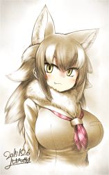 Rule 34 | 10s, animal ears, artist name, breast pocket, breasts, dated, empty eyes, extra ears, fang, fang out, fur collar, highres, japanese wolf (kemono friends), kemono friends, large breasts, long hair, long sleeves, multicolored hair, necktie, plaid, plaid necktie, plaid neckwear, pocket, solo, upper body, wolf ears, yoshida hideyuki