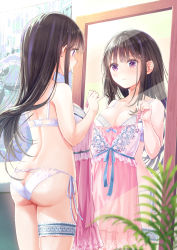 Rule 34 | 1girl, akasaka asa, ass, ass cutout, black hair, blurry, blurry foreground, bra, breasts, butt crack, cleavage, closed mouth, clothing cutout, commentary request, cowboy shot, depth of field, dress, from behind, highres, holding, large breasts, bridal garter, long hair, mirror, moe2020, multicolored hair, original, panties, pink dress, plant, purple eyes, side-tie panties, sleeveless, sleeveless dress, solo, spaghetti strap, standing, streaked hair, thighs, underwear, white bra, white panties