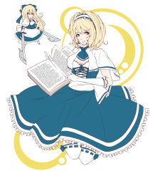 Rule 34 | 1girl, absurdres, alice margatroid, alternate costume, amuo (un-r7), bad id, bad pixiv id, bible (object), blonde hair, blue eyes, book, bow, capelet, doll, dress, female focus, frills, german text, hairband, highres, ranguage, ribbon, shanghai doll, short hair, smile, sword, thighhighs, touhou, un-r7, weapon