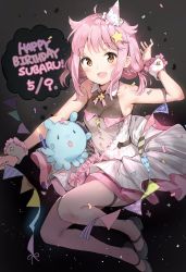 Rule 34 | 1girl, :d, anmi, arm up, bare shoulders, breasts, brown eyes, cleavage, confetti, dated, dress, hair ornament, happy birthday, hat, highres, houkago no pleiades, legs up, looking at viewer, mary janes, mini hat, open mouth, pink hair, pleiadean, shoes, short twintails, small breasts, smile, solo, star (symbol), star hair ornament, subaru (houkago no pleiades), thigh strap, twintails, wrist cuffs
