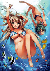 Rule 34 | 2girls, absurdres, air bubble, arms up, ass, bare legs, barefoot, bikini, blue hair, bracelet, breasts, brown hair, bubble, cleavage, clownfish, competition swimsuit, coral, diving, feet, fish, flower, freediving, front-tie top, full body, green eyes, hair flower, hair ornament, highres, holding breath, huge filesize, jewelry, large breasts, light rays, long hair, looking at viewer, multiple girls, navel, one-piece swimsuit, open mouth, purple eyes, scan, shiny skin, side-tie bikini bottom, skindentation, smile, soles, string bikini, striped bikini, striped clothes, submerged, sunbeam, sunlight, swimming, swimsuit, toes, tomose shunsaku, tropical fish, underboob, underwater, upside-down, very long hair, wristband