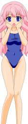 Rule 34 | 1girl, absurdres, artist request, baka to test to shoukanjuu, blue eyes, breasts, cleavage, covered erect nipples, female focus, hair ornament, hairclip, highres, himeji mizuki, hip focus, legs, long hair, looking at viewer, navel, open mouth, pink hair, solo, standing, swimsuit, thighs, third-party edit, tongue, transparent background, vector trace