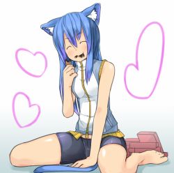 Rule 34 | 1girl, animal ears, arm support, bad id, bad pixiv id, bare legs, barefoot, between legs, bike shorts, blue hair, cat ears, cat tail, closed eyes, eating, food, gradient background, hand between legs, happy, heart, holding, long hair, mutsuki nekohachi, original, pocky, sitting, sleeveless, smile, solo, tail, tail between legs, wariza