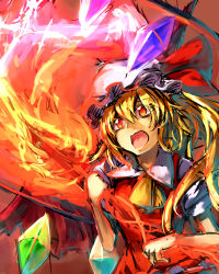 Rule 34 | 1girl, ascot, blonde hair, crystal, fang, female focus, flandre scarlet, hat, hat ribbon, highres, melon22, open mouth, orange eyes, puffy sleeves, ribbon, short sleeves, side ponytail, slit pupils, solo, touhou, wings