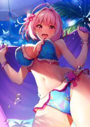 Rule 34 | 1girl, absurdres, ahoge, aqua hair, bangle, bare shoulders, bikini, bird, blue bikini, blue sky, blush, bob cut, bracelet, breasts, chromatic aberration, colored inner hair, day, fangs, flower, frilled bikini, frills, from below, furrowed brow, hair flower, hair intakes, hair ornament, hibiscus, highres, holding, holding towel, idolmaster, idolmaster cinderella girls, idolmaster cinderella girls starlight stage, jewelry, large breasts, lens flare, looking at viewer, multicolored hair, navel, open mouth, outdoors, palm tree, pink eyes, pink flower, pink hair, pink wristband, print bikini, purple towel, purple wristband, satoutakahumi, seagull, sky, solo, stomach, summer, swimsuit, thighs, tongue, towel, tree, triangle print, two-tone hair, wet, wristband, x, yumemi riamu